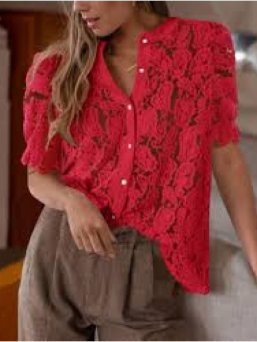Elegant Red Lace Pearl-Button Blouse for Women